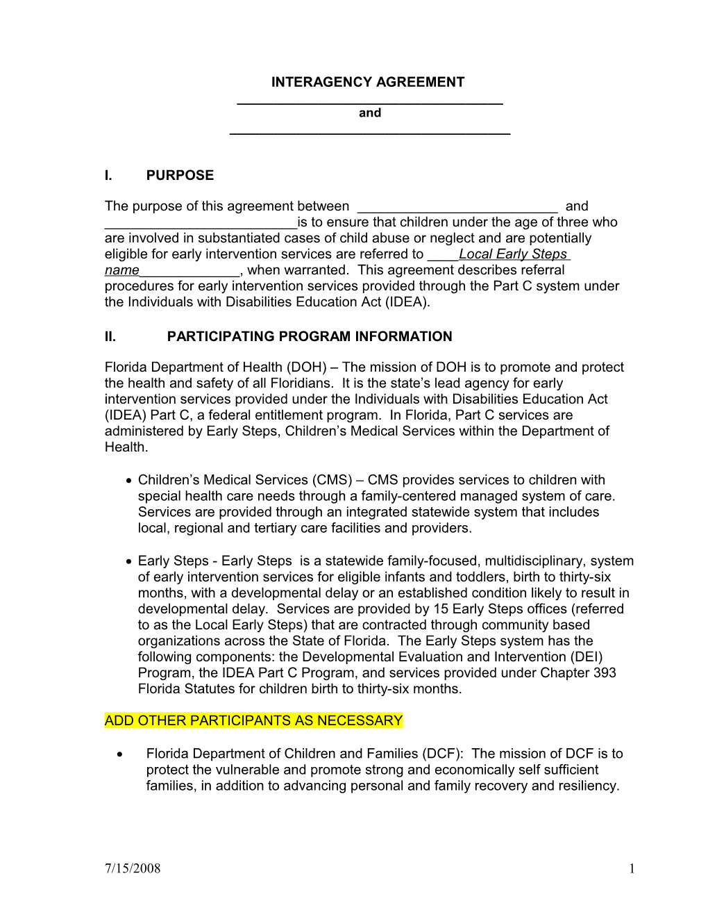 Interagency Agreement Between the Florida Department of Children and Families and the Florida