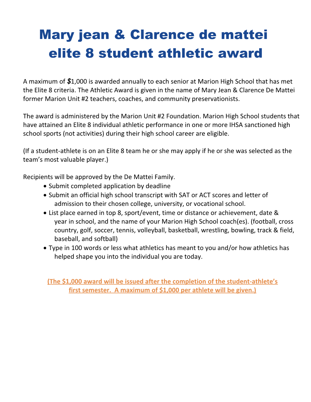 Elite 8 Student Athletic Award