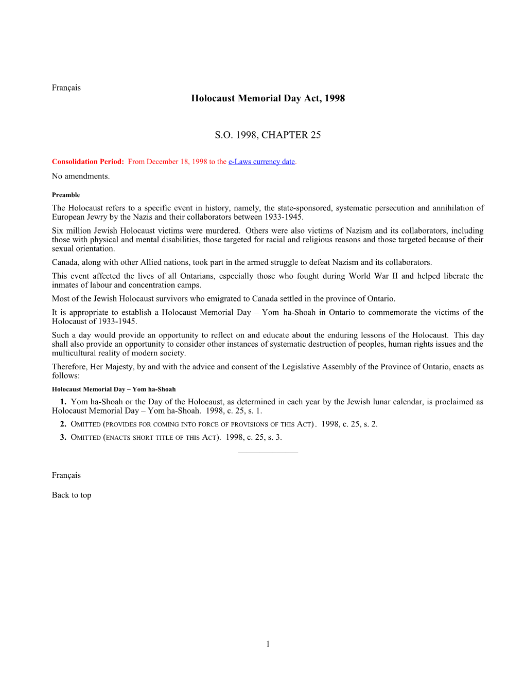 Holocaust Memorial Day Act, 1998, S.O. 1998, C. 25