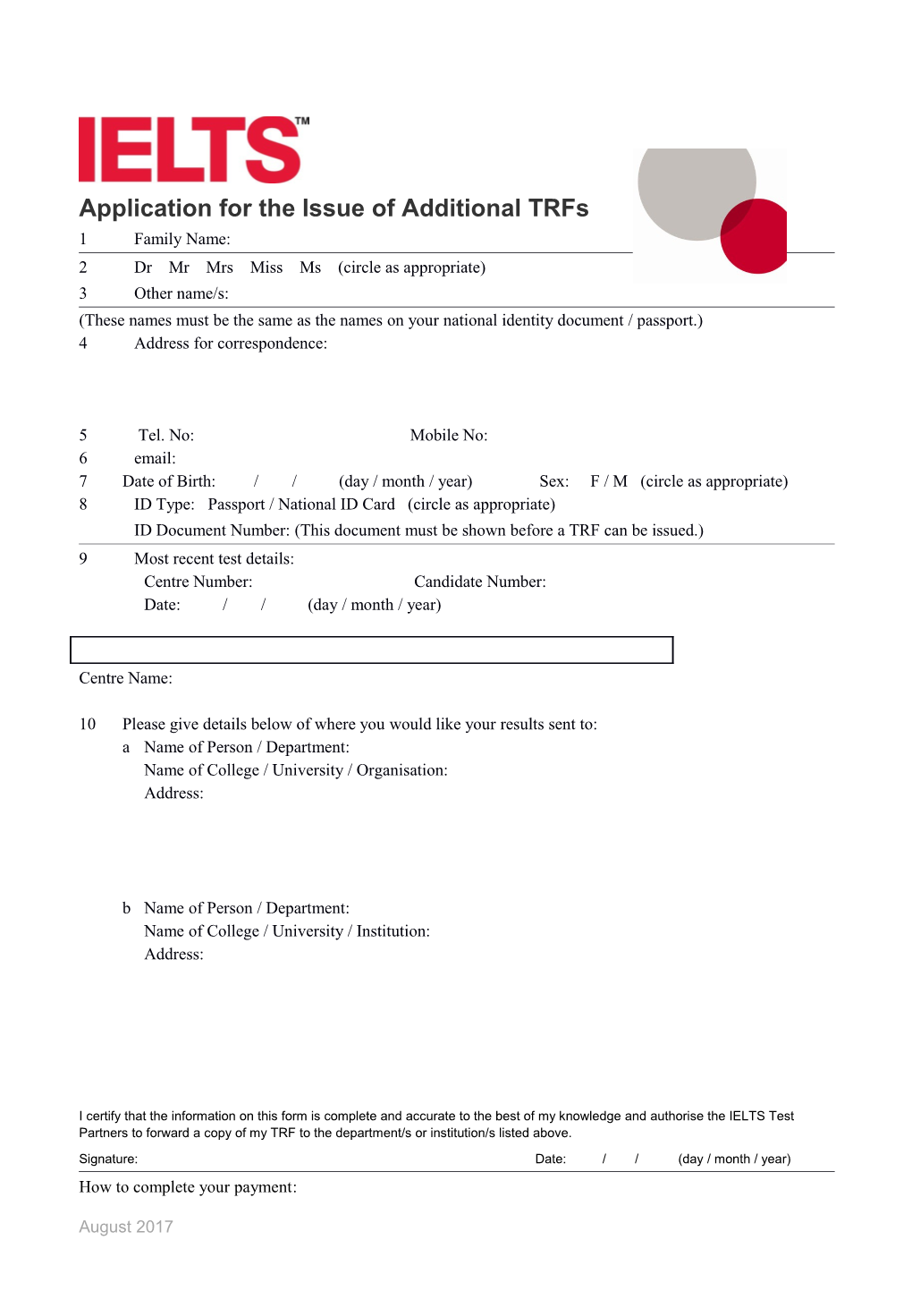 Application for the Issue of Additional Trfs