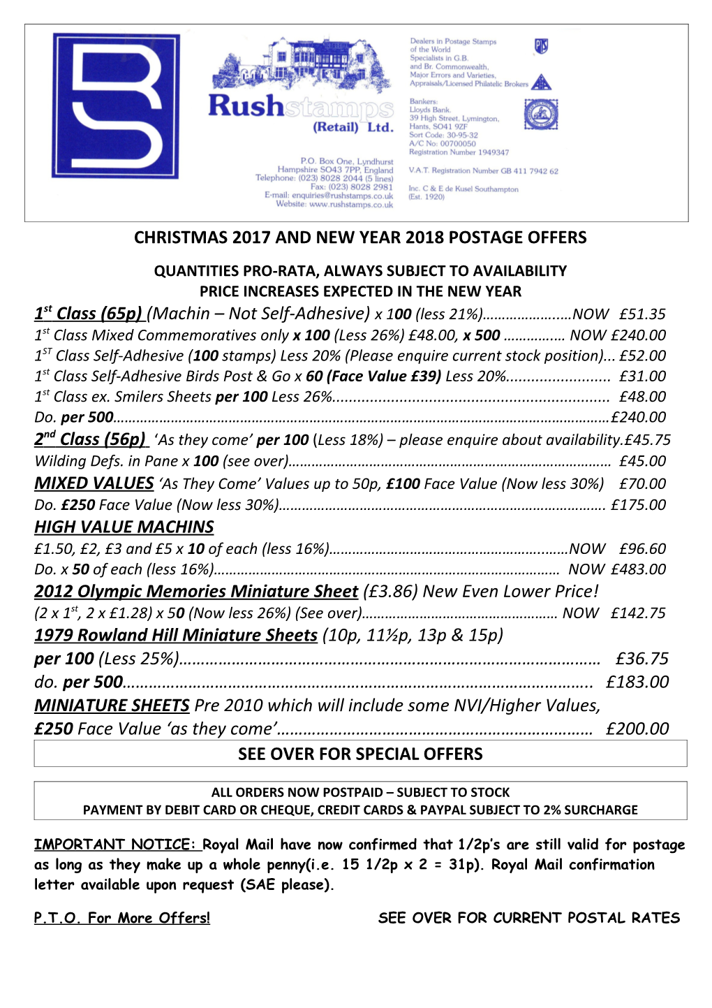 Christmas 2017 and New Year 2018 Postage Offers