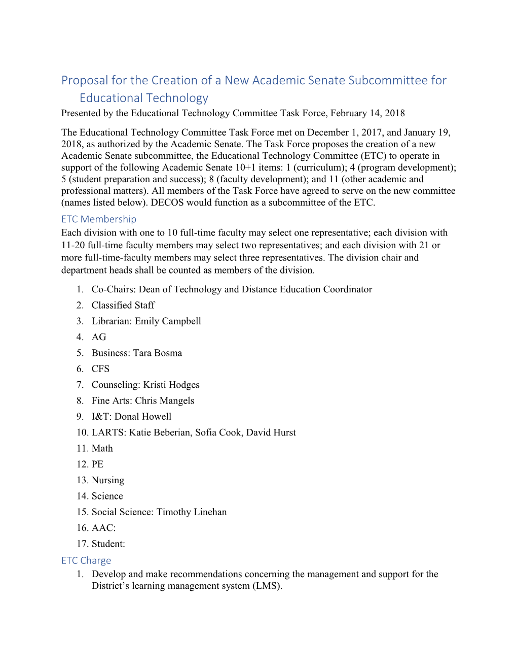 Proposal for the Creation of a New Academic Senate Subcommittee for Educational Technology