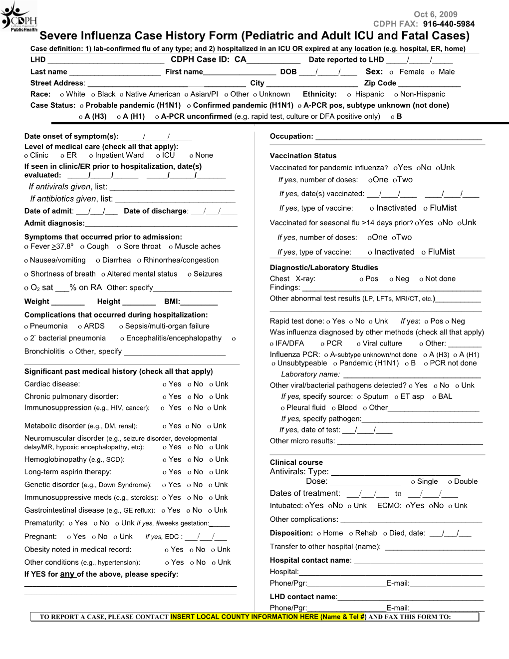 10/14/09 Pandemic H1N1 Hospitalized and Fatal Case Report Form