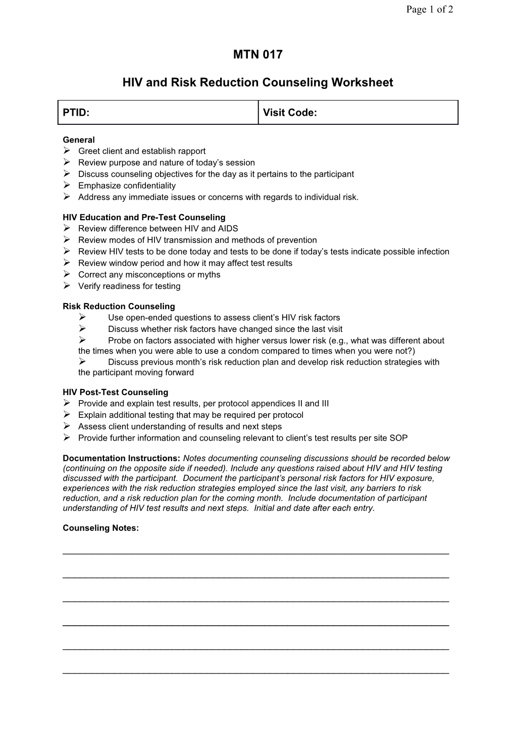 HIV and Risk Reduction Counseling Worksheet
