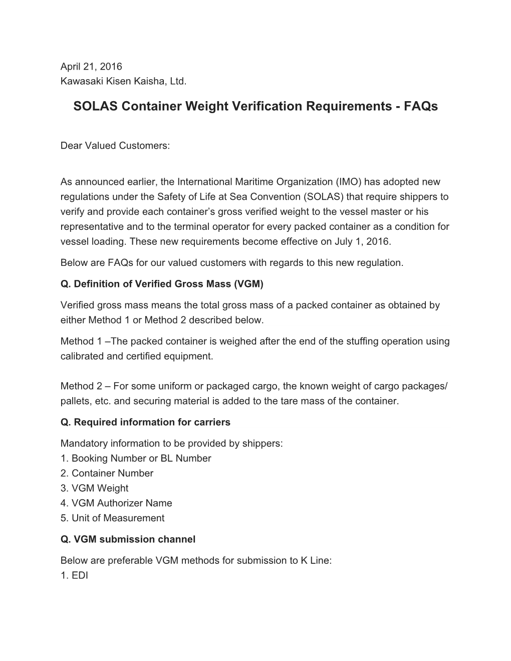 SOLAS Container Weight Verification Requirements - Faqs