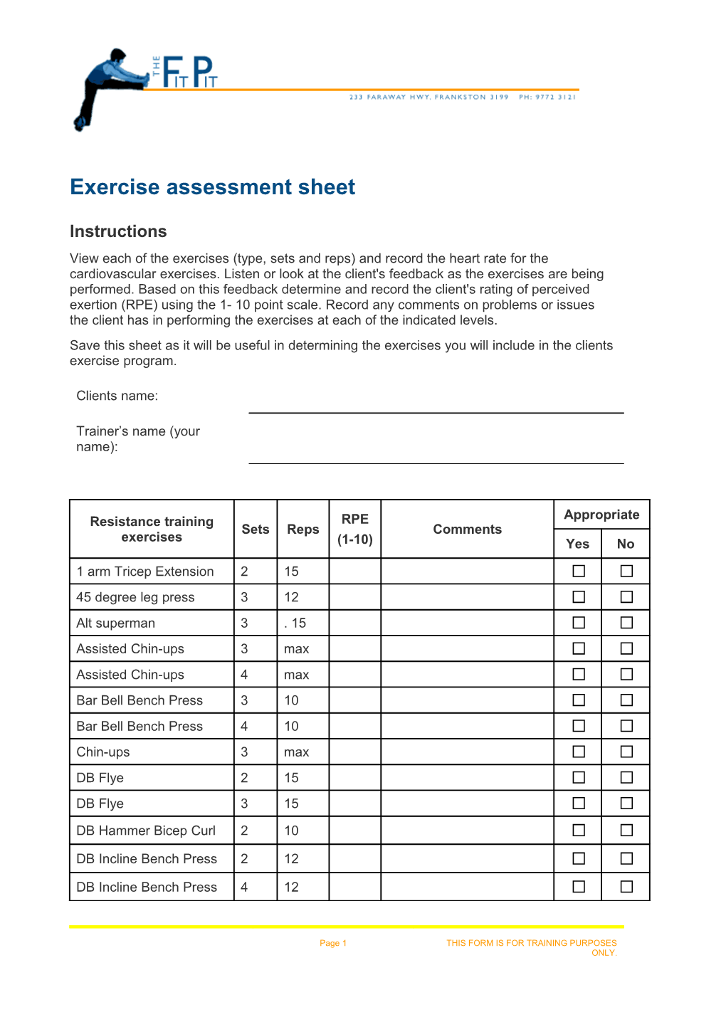 Exercise Assessment Sheet