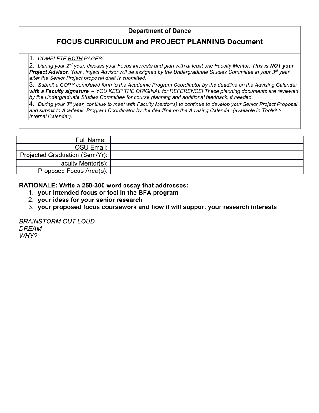 FOCUS CURRICULUM and PROJECT PLANNING Document