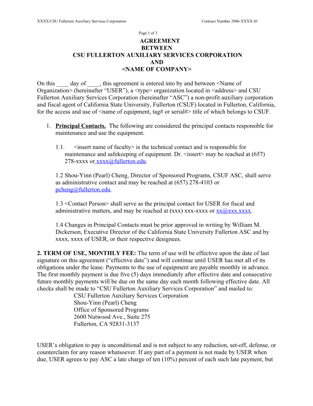 XXXX/CSU Fullerton Auxiliary Services Corporation Contract Number 2006-XXXX-01 Page 3 of 4