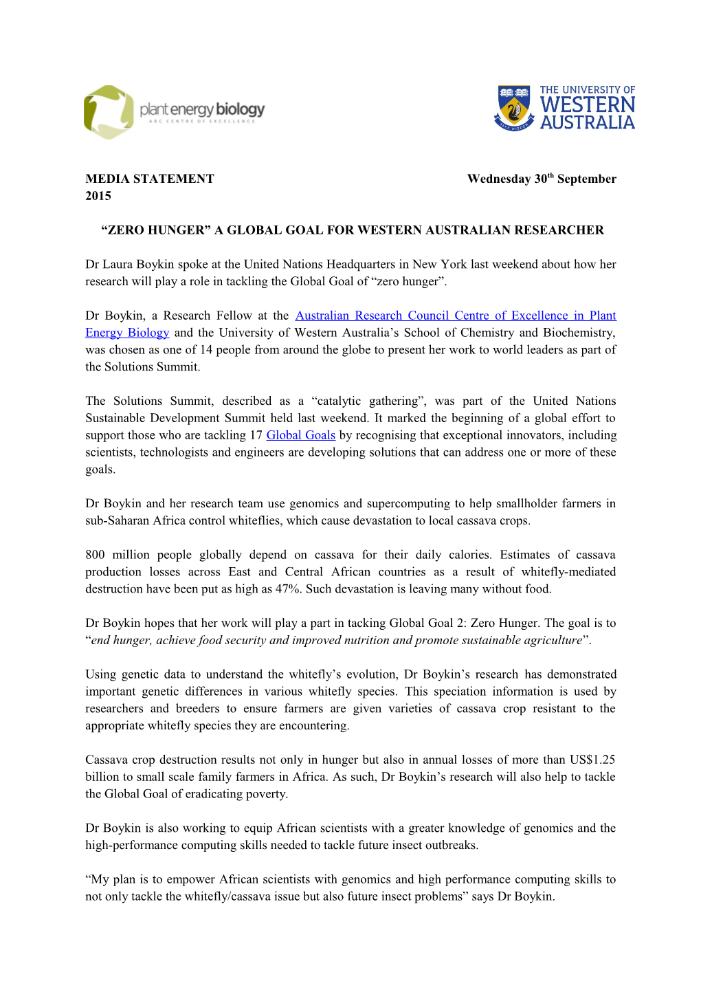 MEDIA STATEMENT Wednesday 30Th September 2015