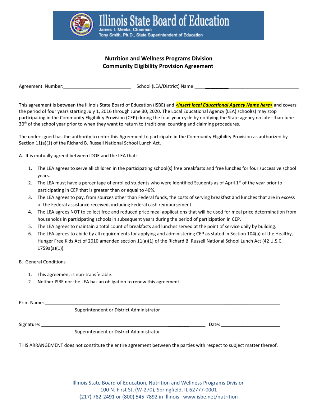 Nutrition and Wellness Programs Divisioncommunity Eligibility Provision Agreement