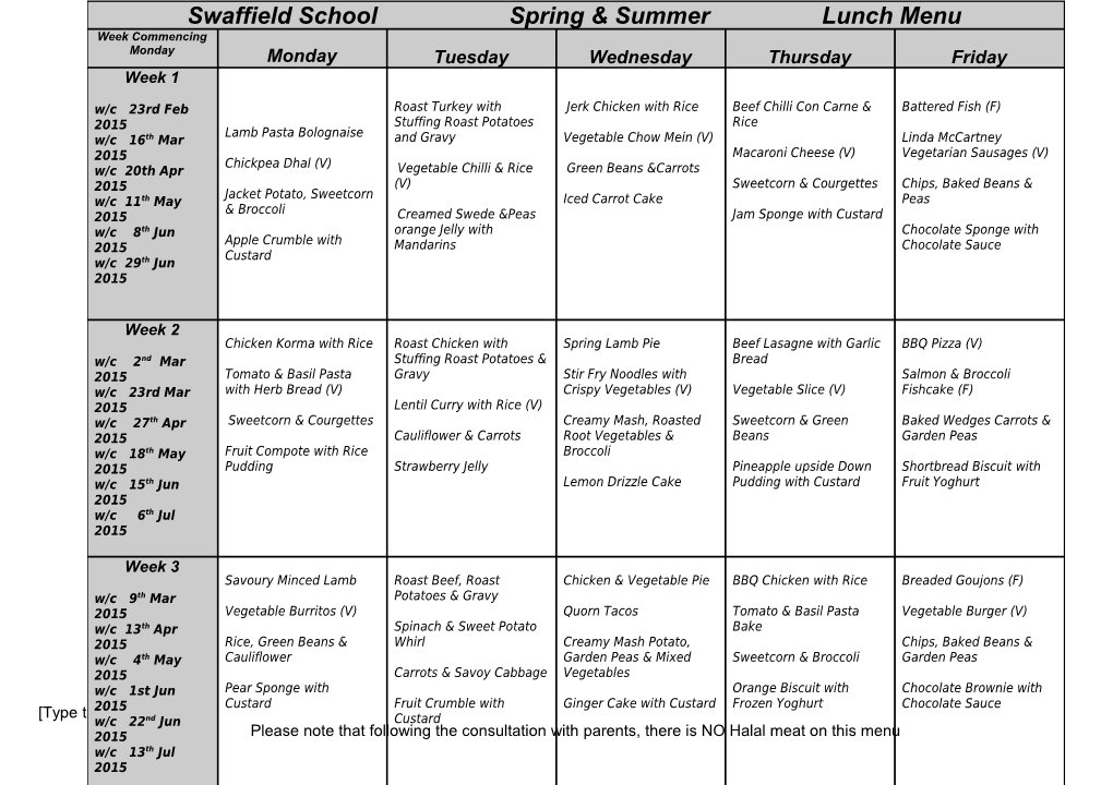 Swaffield School Lunch Menu