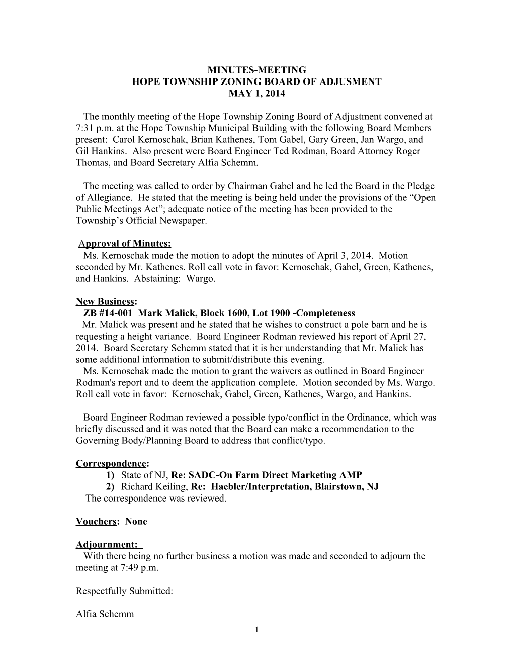 Minutes Hope Zoning Board of Adjustment April 3, 2014