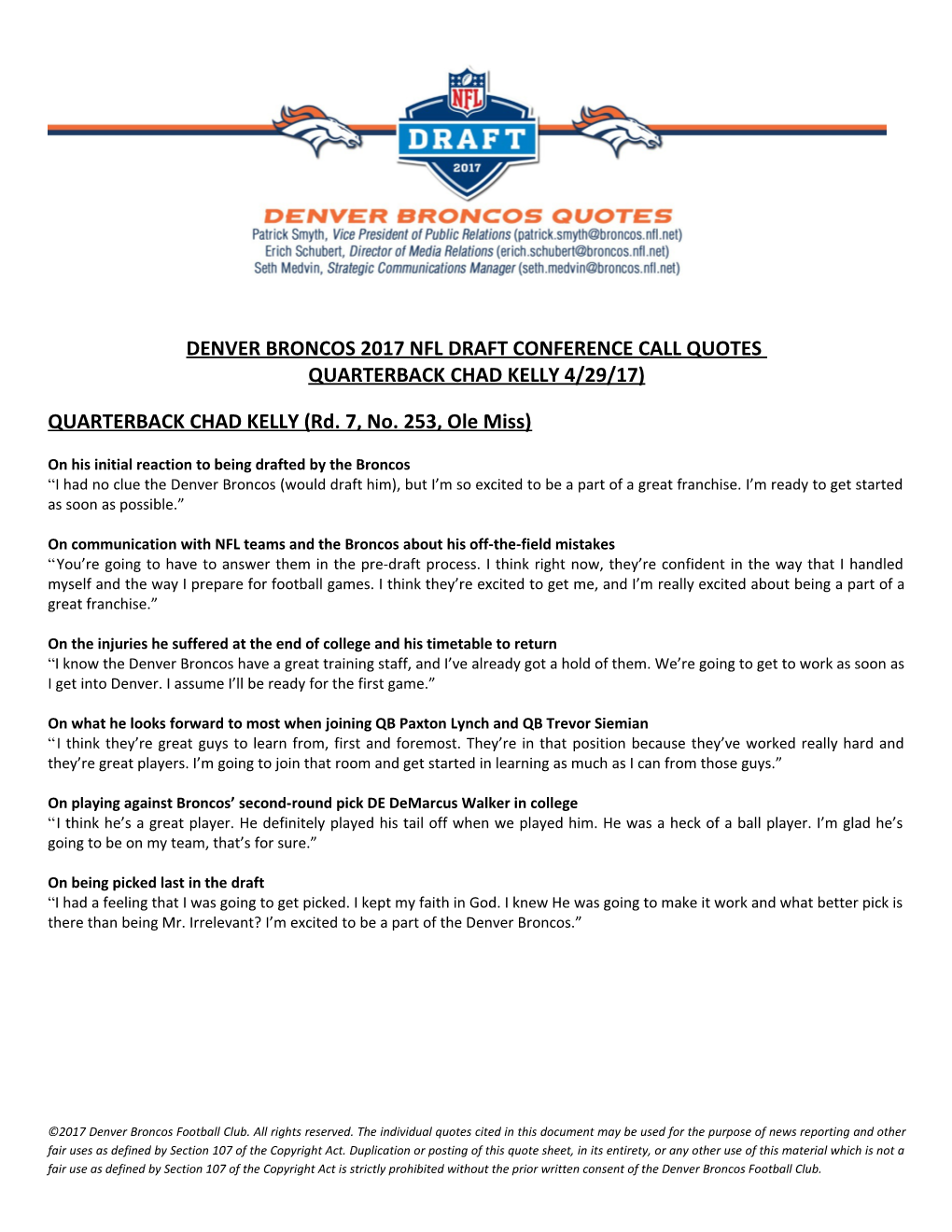 Denver Broncos 2017 Nfl Draft Conference Call Quotes