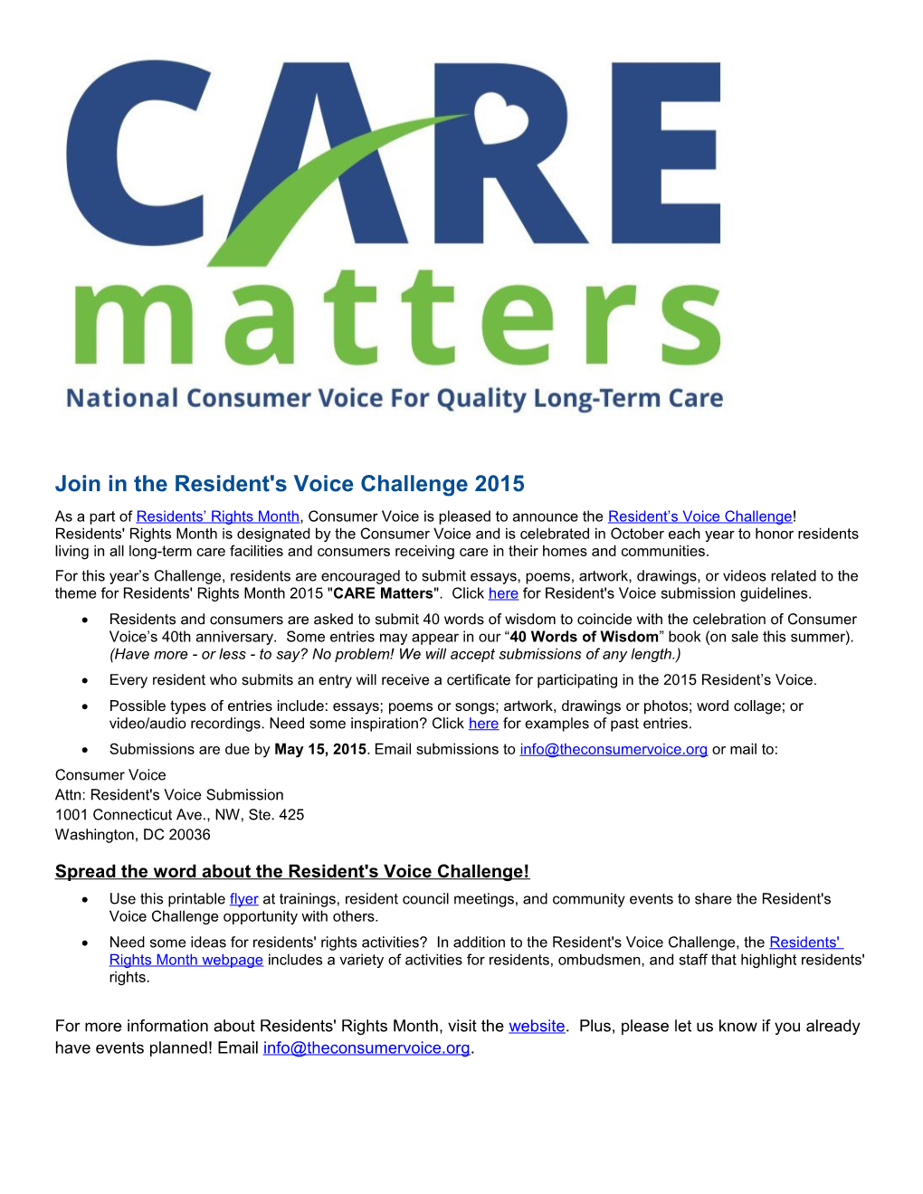 Join in the Resident's Voice Challenge 2015