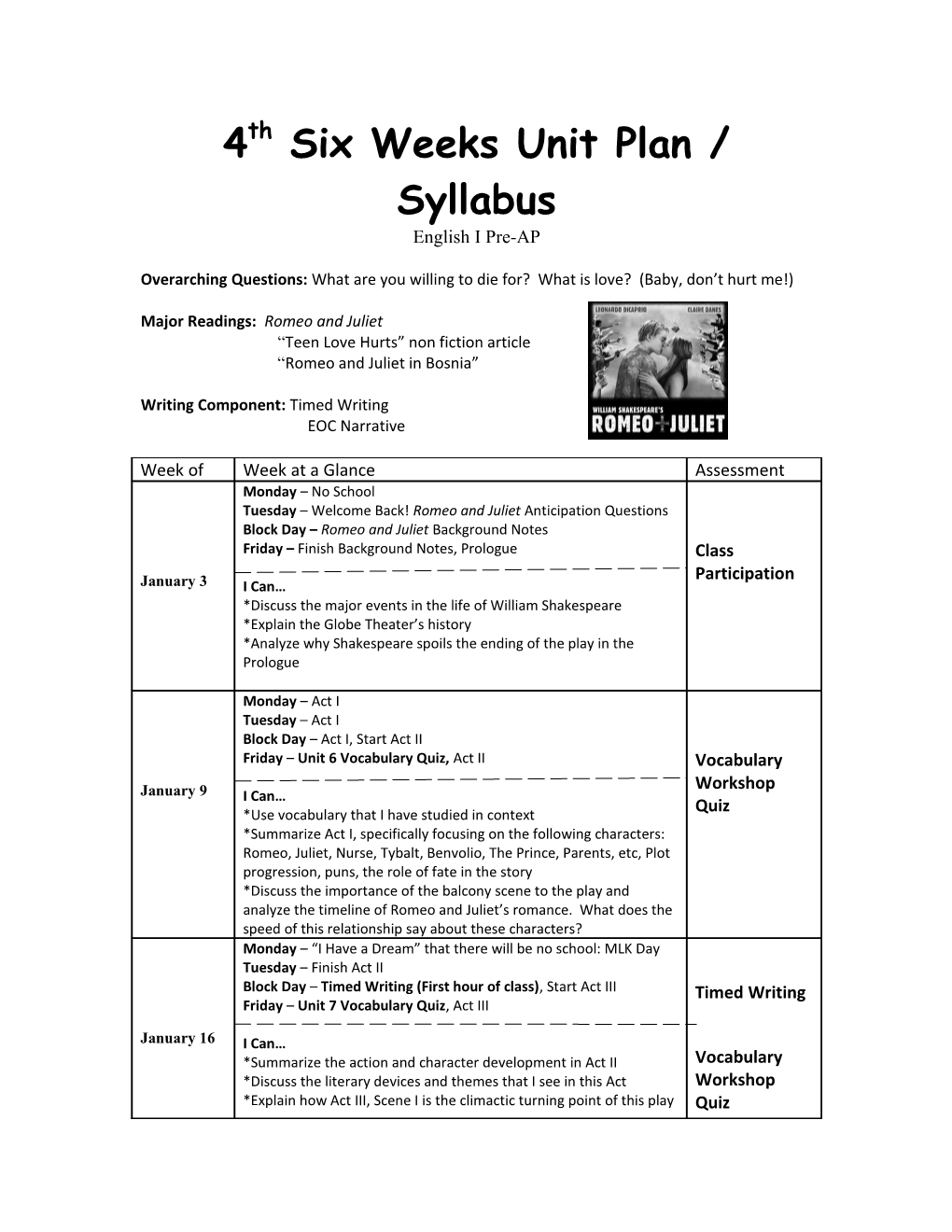 4Th Six Weeks Unit Plan / Syllabus