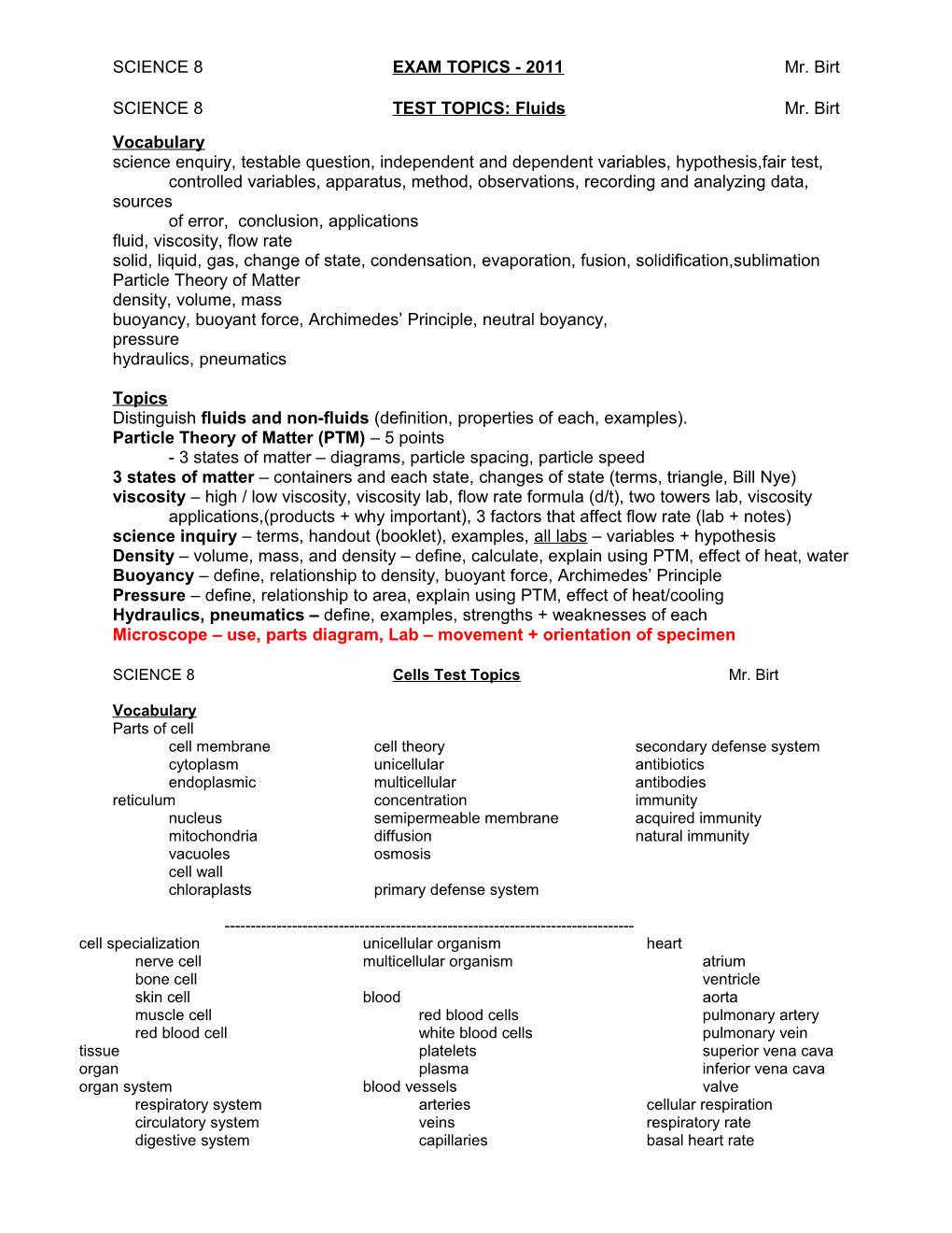 SCIENCE 8 EXAM TOPICS - 2011 Mr. Birt