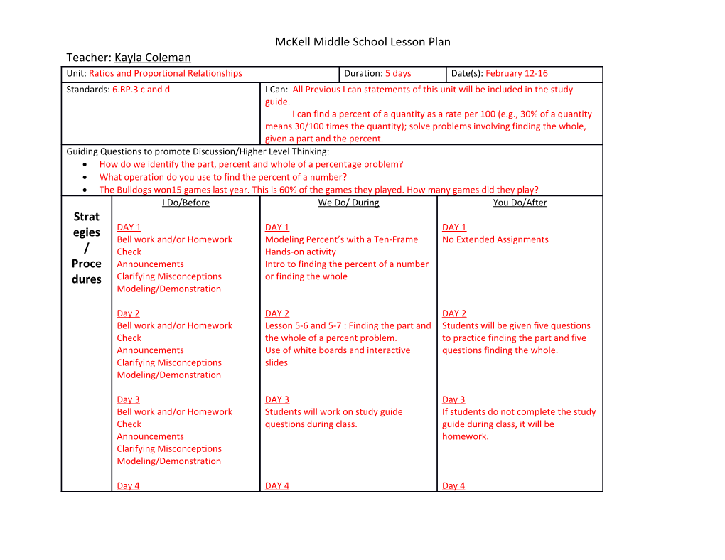 Mckell Middle School Lesson Plan