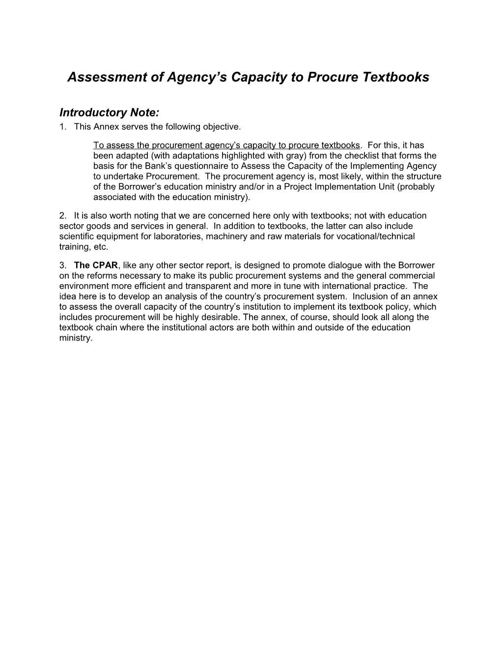 Assessment of Agency S Capacity to Procure Textbooks