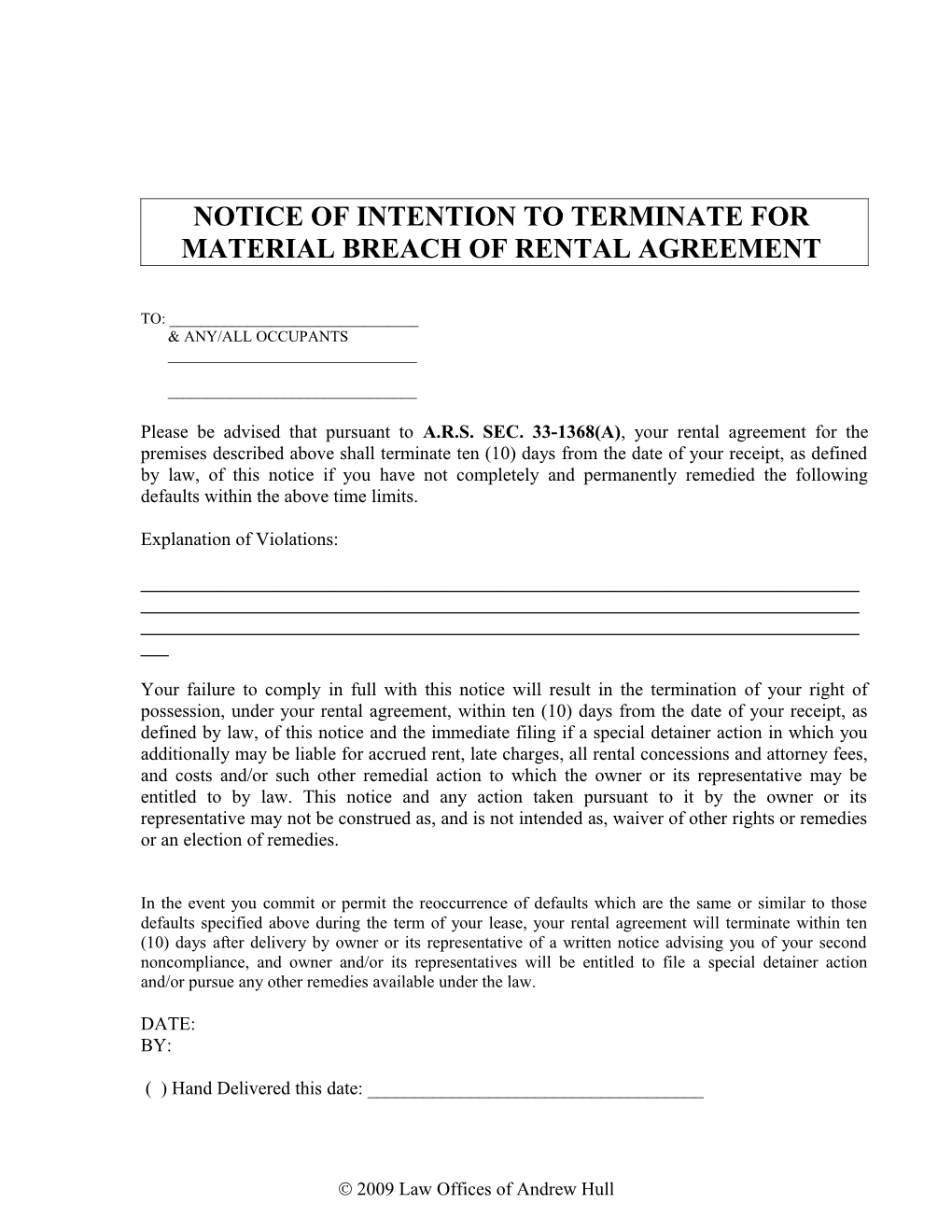 Notice of Intention to Terminate for Material Breach of Rental Agreement