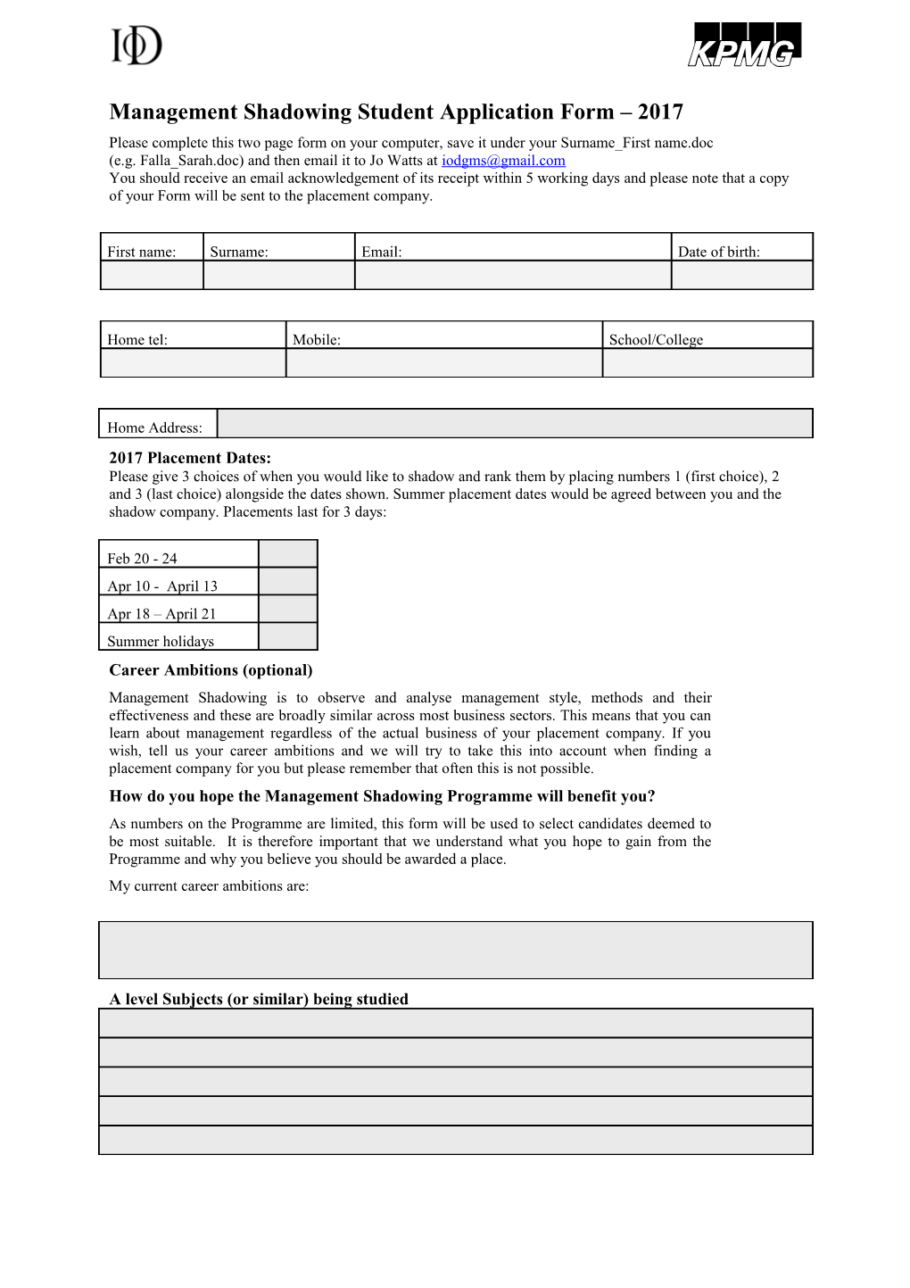 Management Shadow Application Form