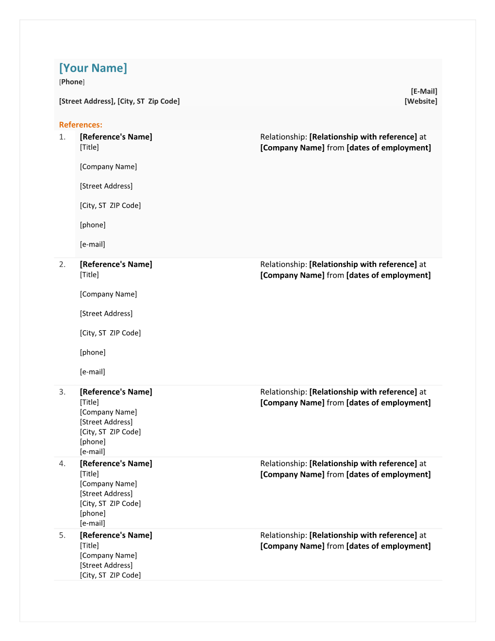 Functional Resume Reference Sheet