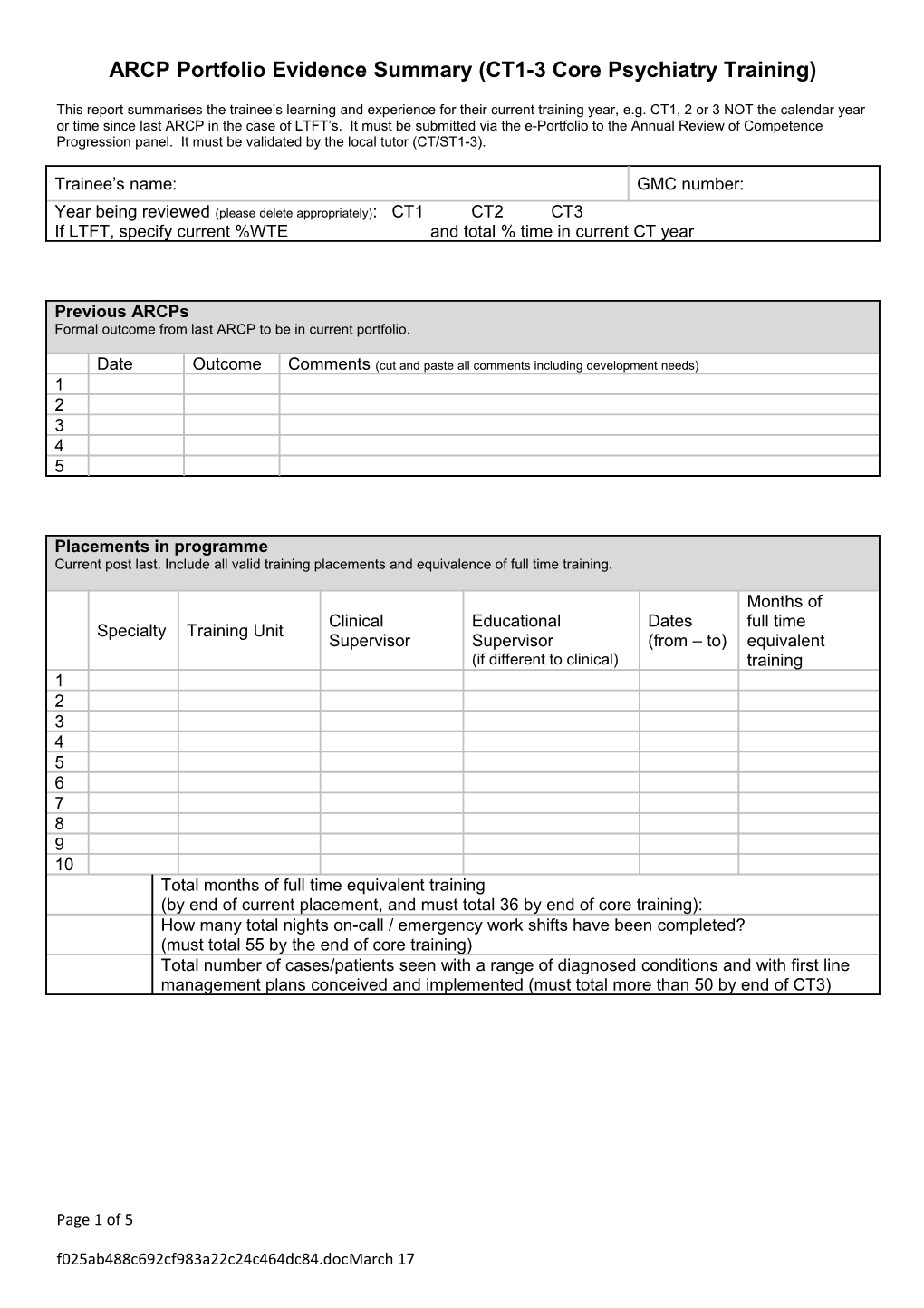 ARCP Structured Report (Psychiatry Specialty Training)