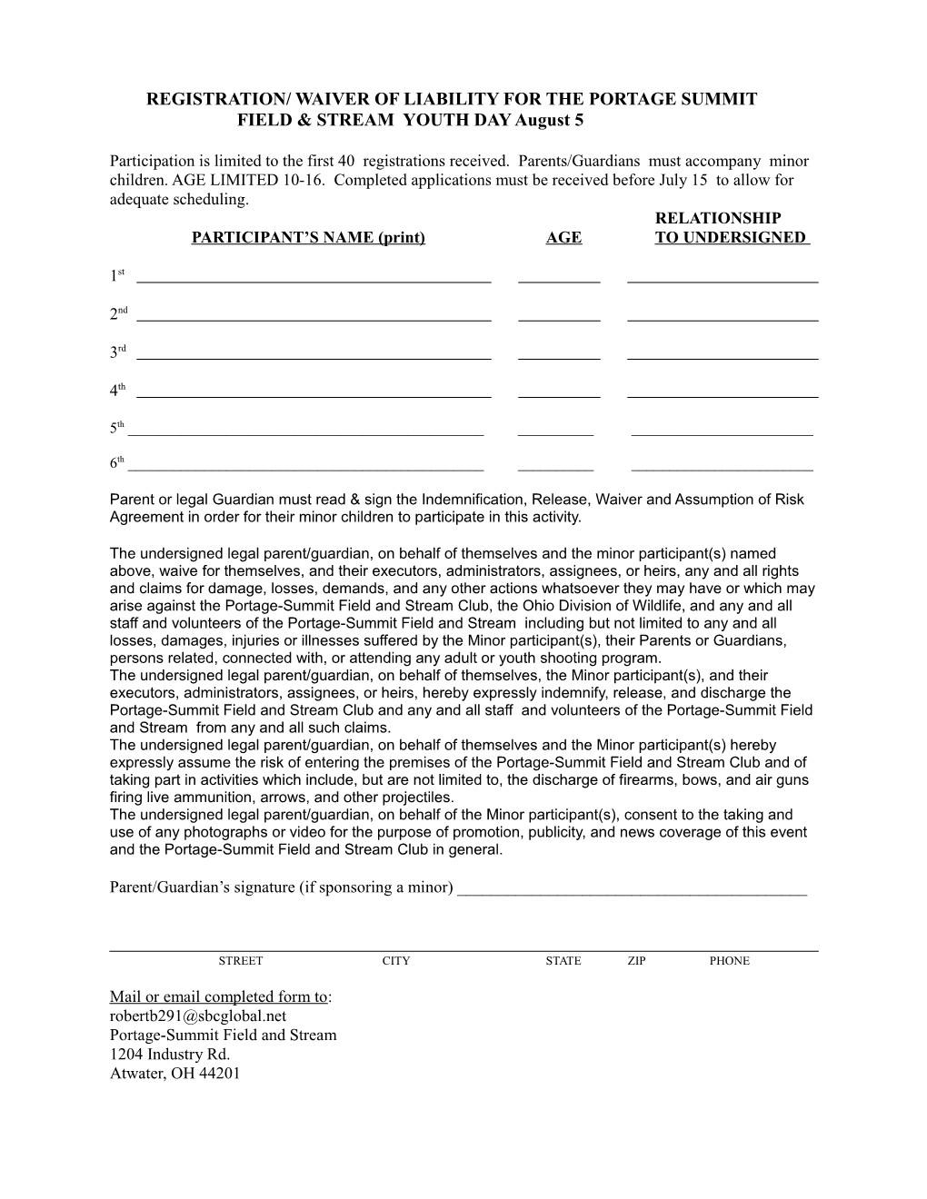Registration/ Waiver of Liability for the Portage Summit