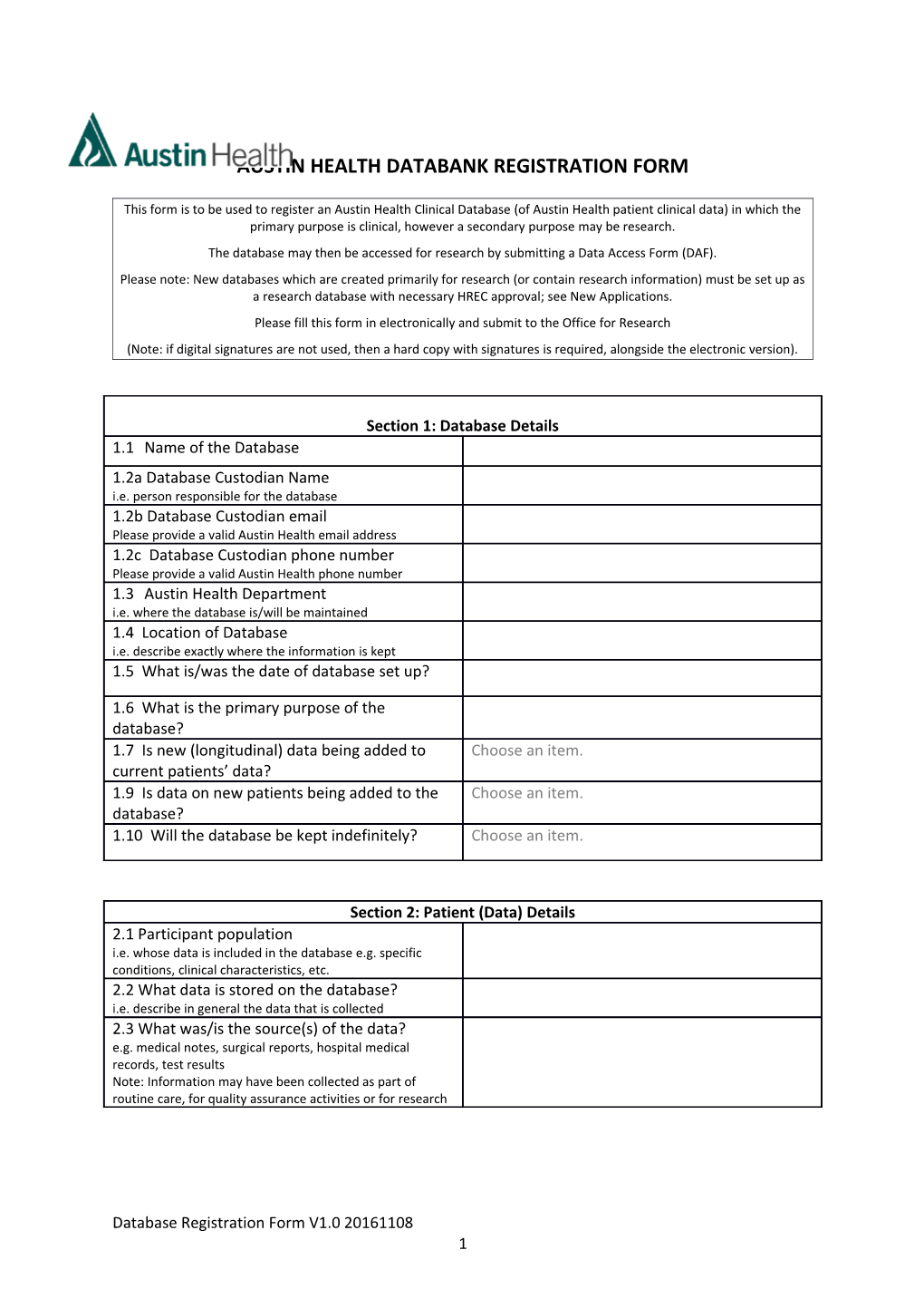 Austin Health Databank Registration Form