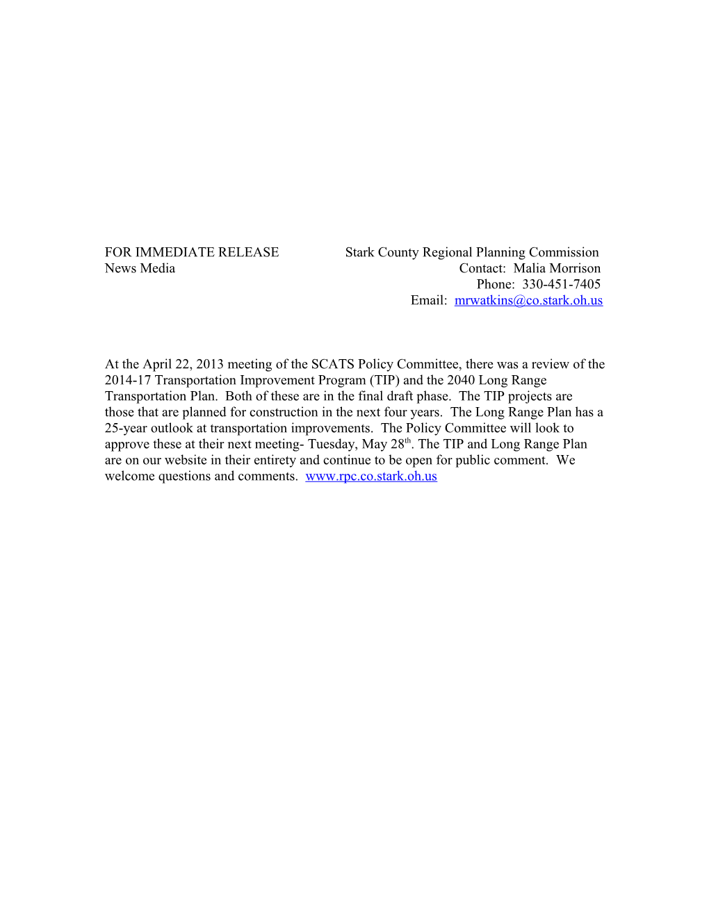 FOR IMMEDIATE RELEASE Stark County Regional Planning Commission
