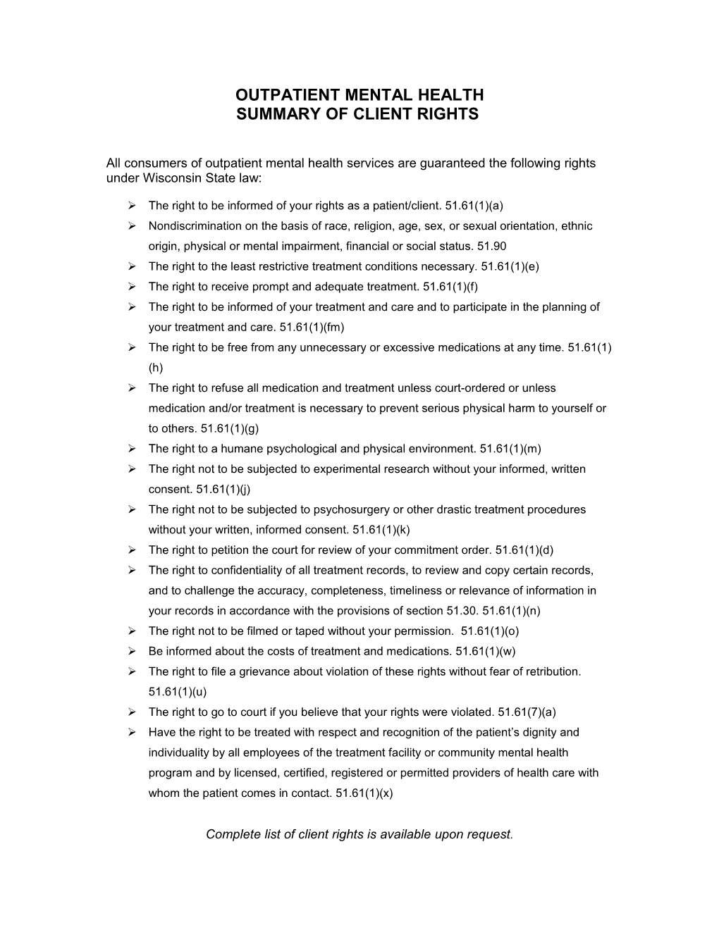 Client Rights Summary