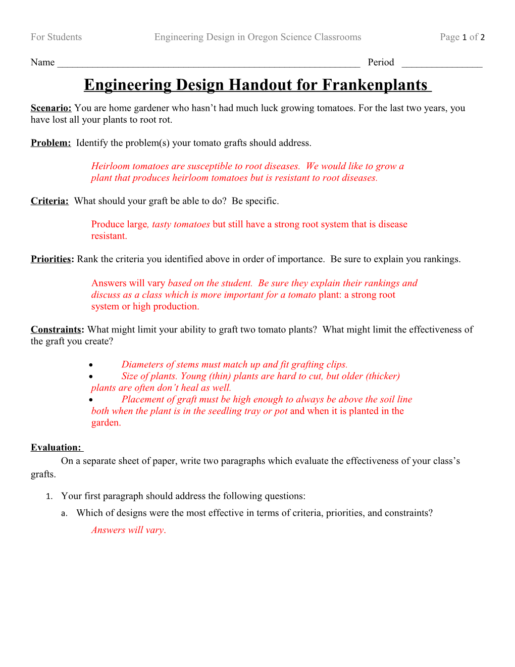 For Students Engineering Design in Oregon Science Classrooms Page 2 of 2
