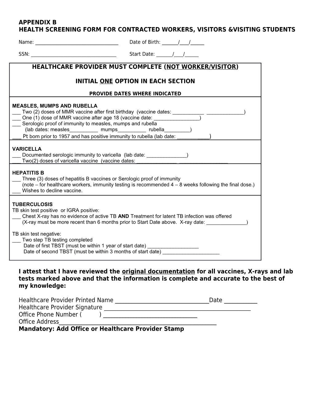 Health Screening Form for Contracted Workers, Visitors &Visiting Students