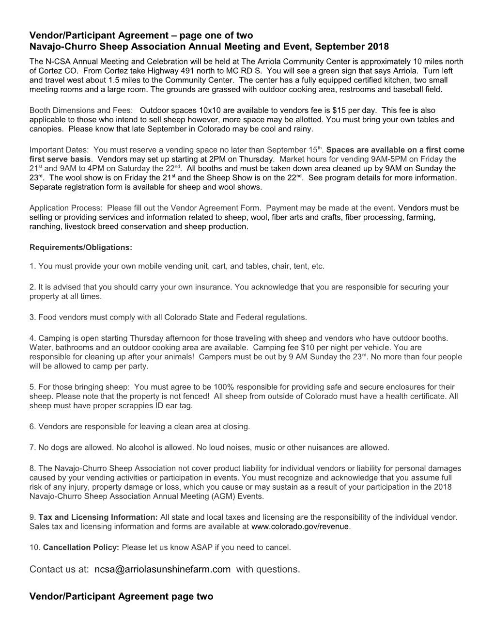 Vendor/Participant Agreement Page One of Two Navajo-Churro Sheep Association Annual Meeting