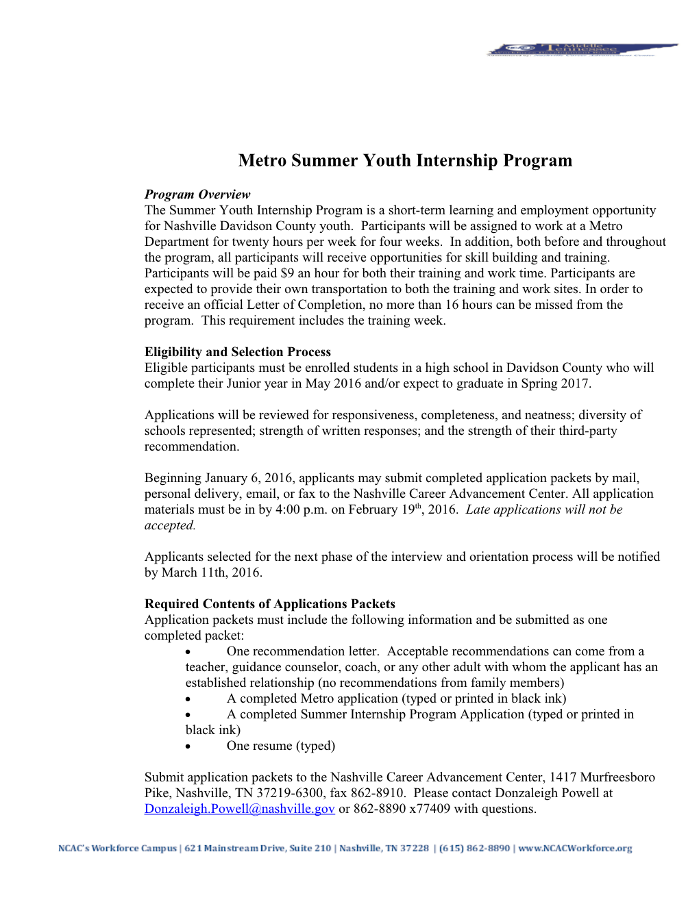 Metro Summer Youth Internship Program
