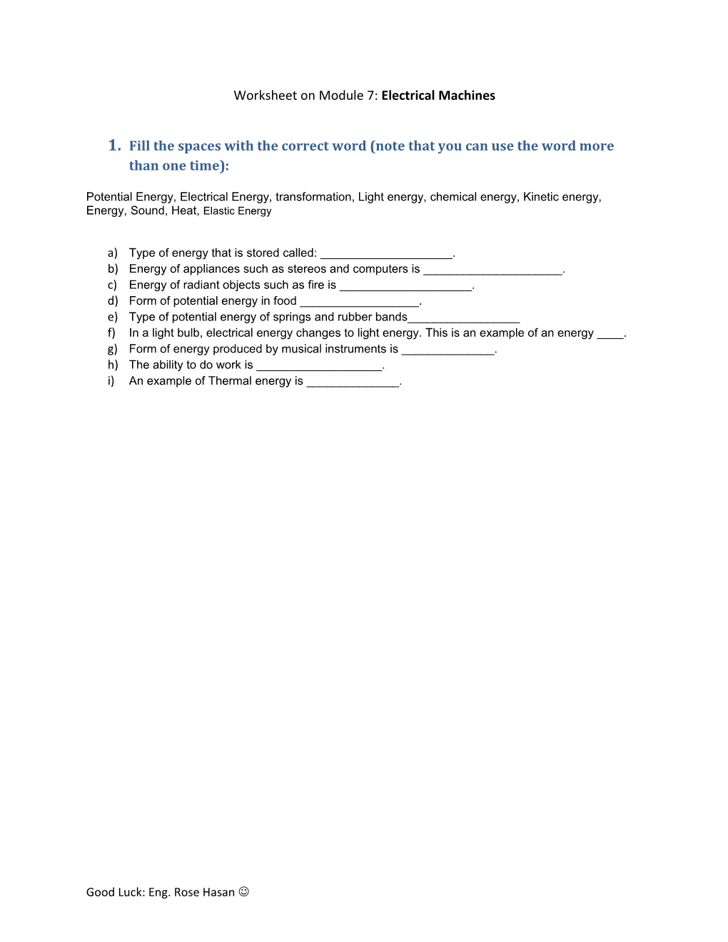 Worksheet on Module 7: Electrical Machines