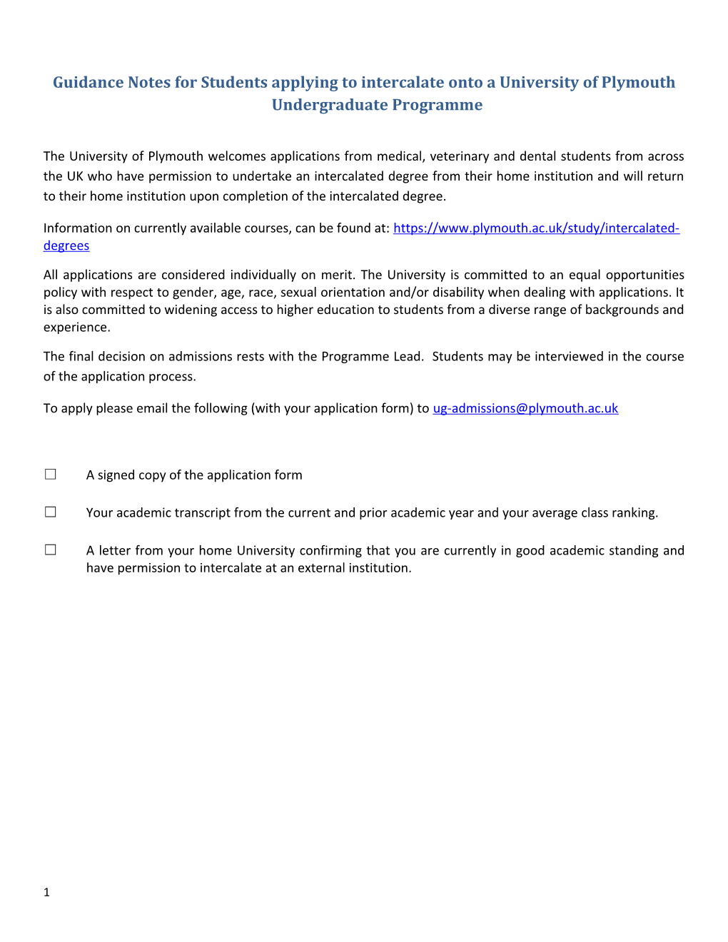 Guidance Notes for Students Applying to Intercalate Onto a University of Plymouth Undergraduate