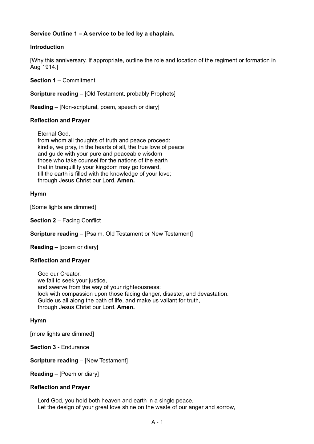 Service Outline 1 a Service to Be Led by a Chaplain