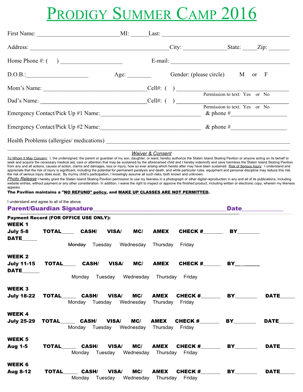 Pavilion Skating School Registration Form 2005