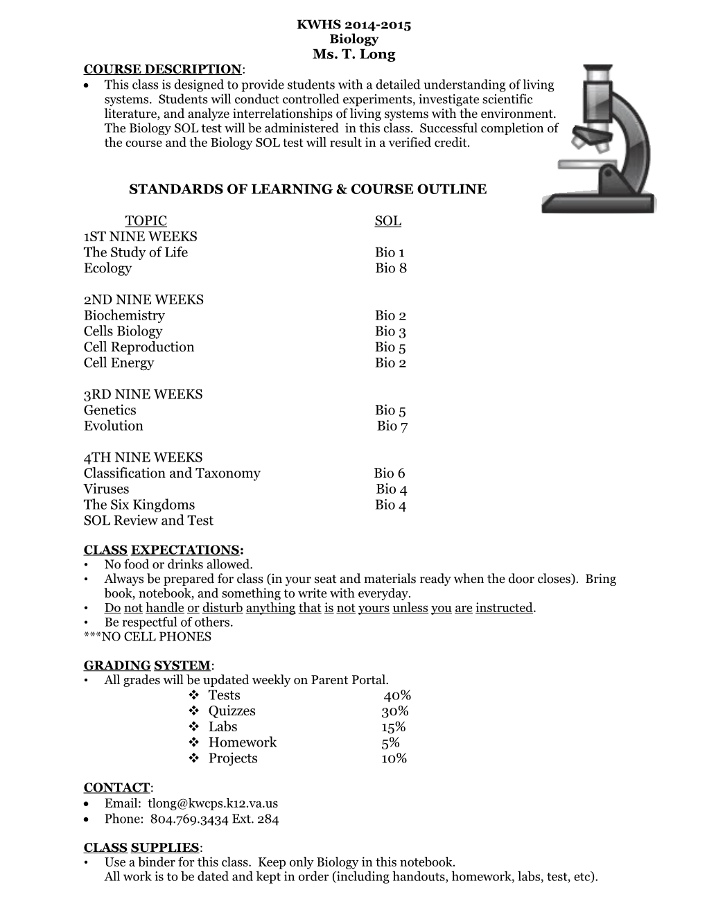 Standards of Learning & Course Outline