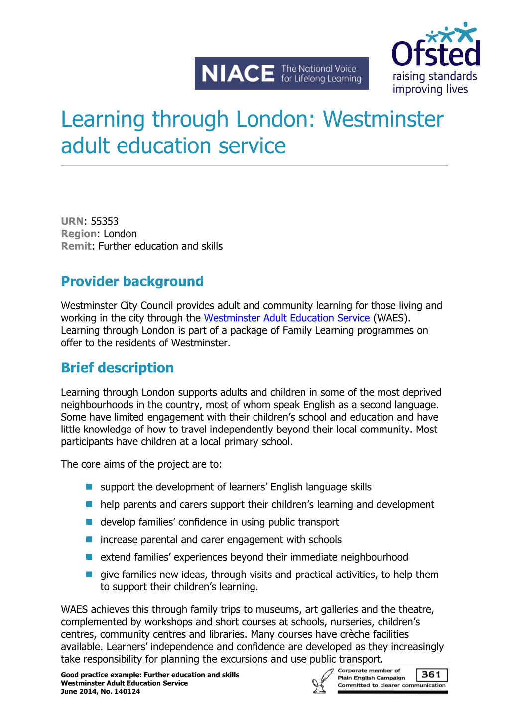 Learning Through London: Westminster Adult Education Service