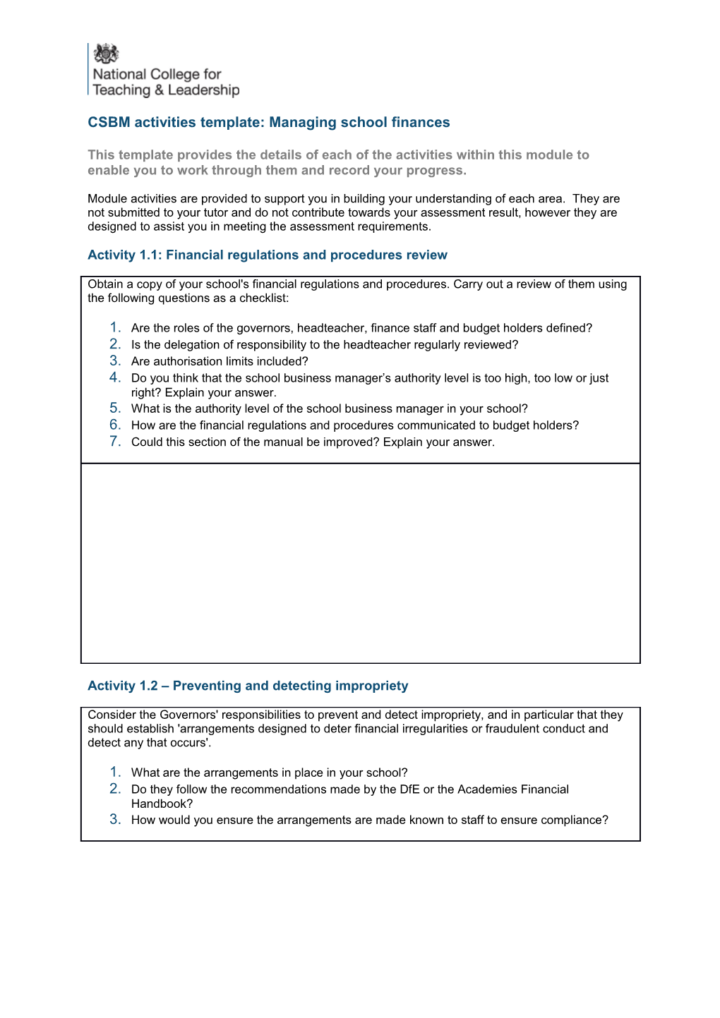 CSBM Activities Template: Managing School Finances