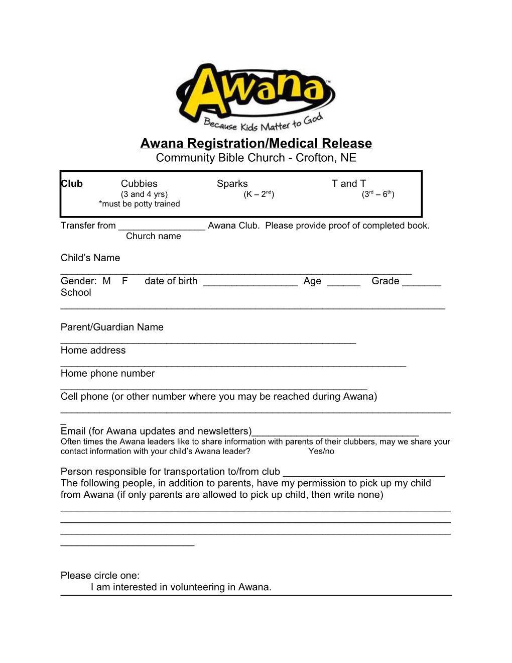 Awana Registration/Medical Release