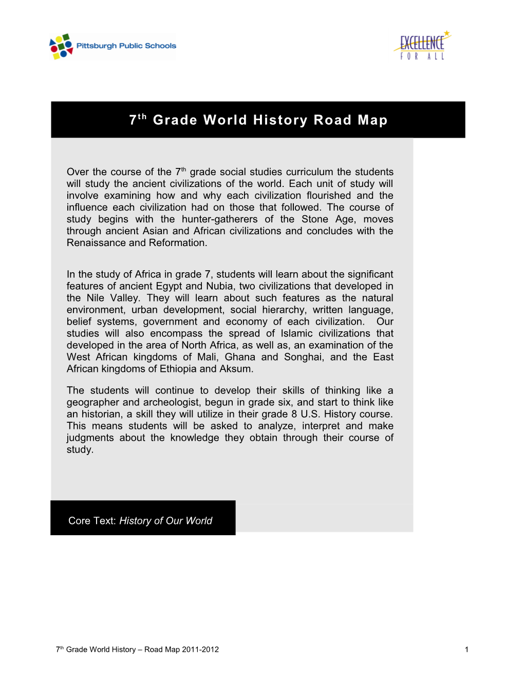 7Th Grade World History Road Map 2011-2012