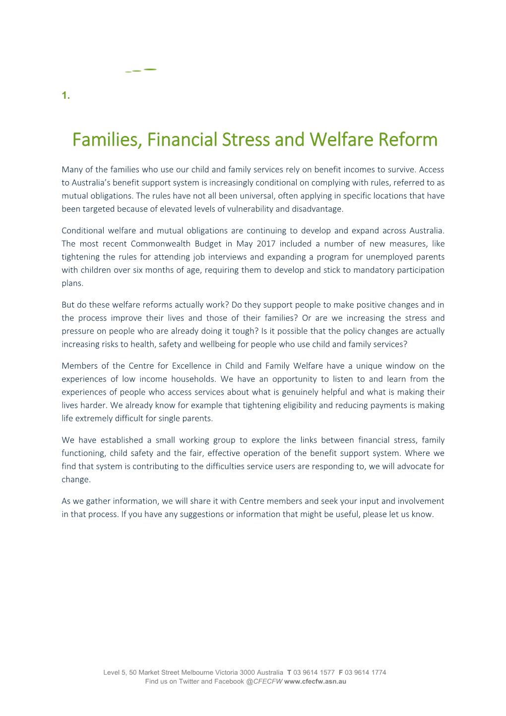 Families, Financial Stress and Welfare Reform