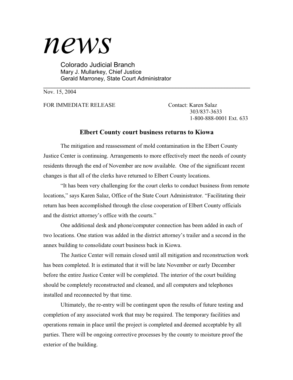 Elbert County Court Business Returns to Kiowa