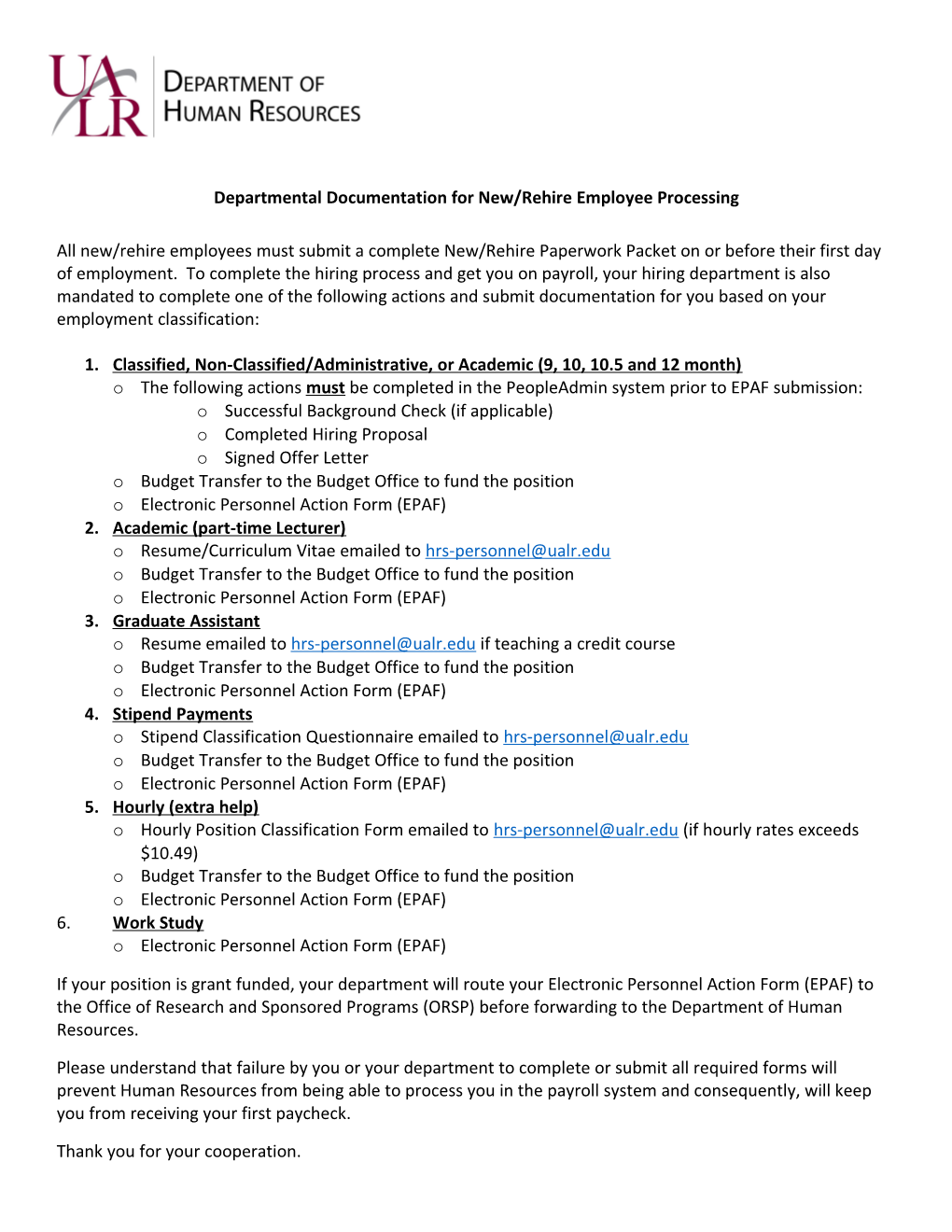 Departmental Documentation for New/Rehire Employee Processing