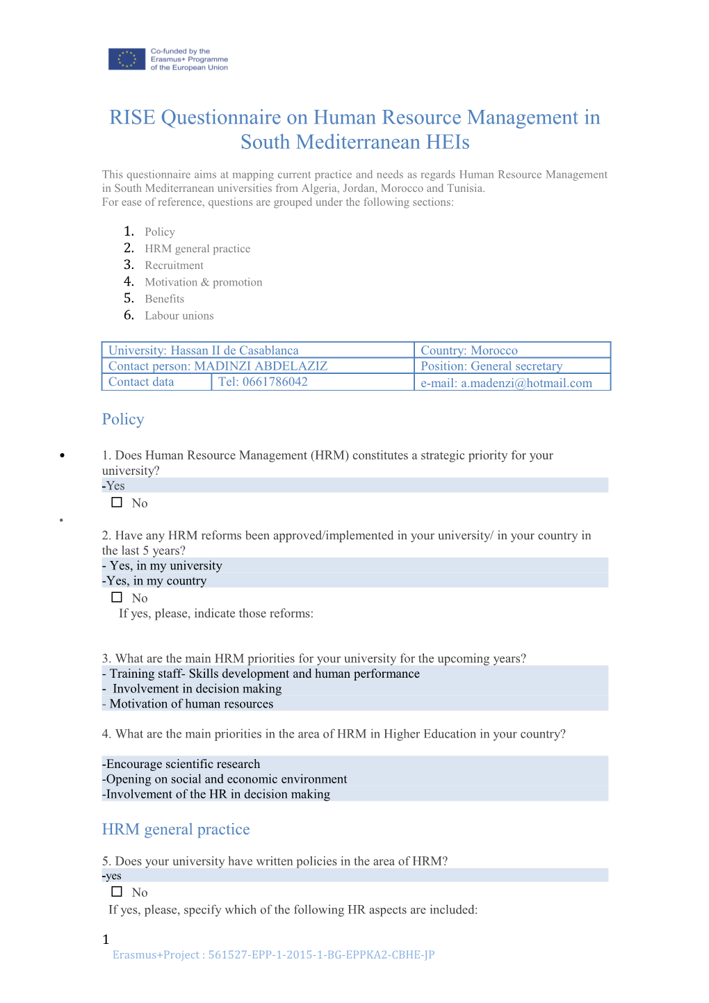 RISE Questionnaire on Human Resource Management in South Mediterranean Heis