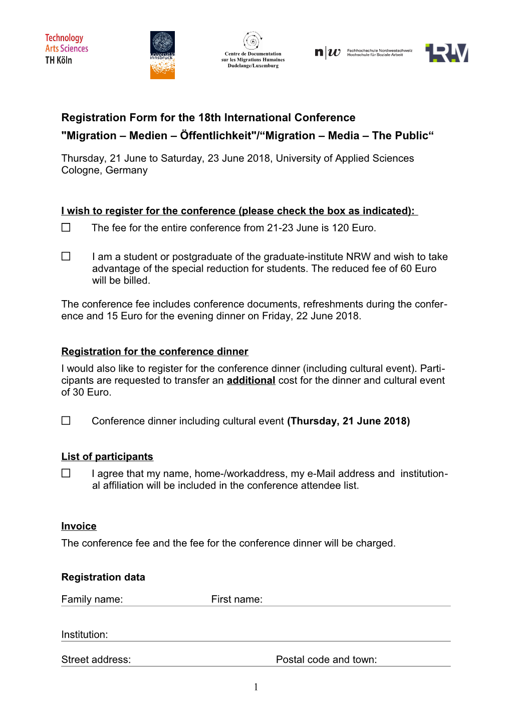 Registration Form for the 18Th International Conference