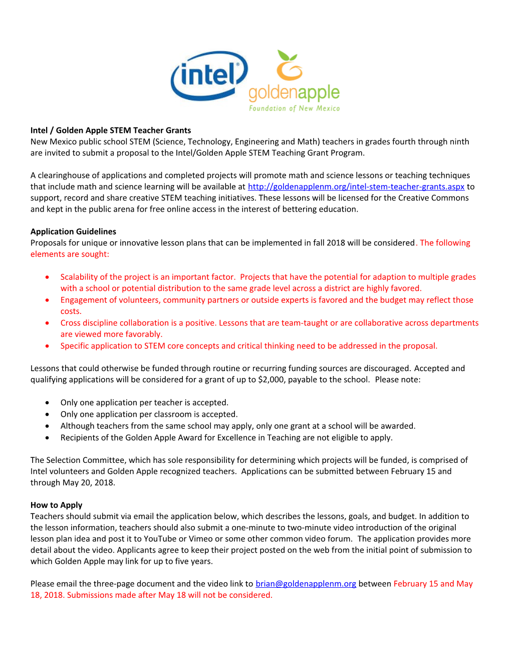 Intel / Golden Apple STEM Teacher Grants