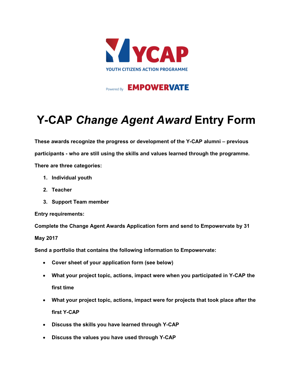 Y-CAP Change Agent Award Entry Form